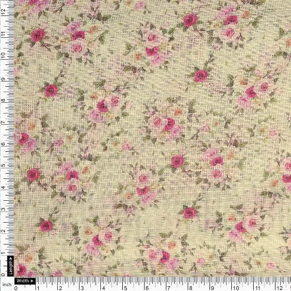 Beige Floral Printed Kota Doria Polyester Fabric - Image 4